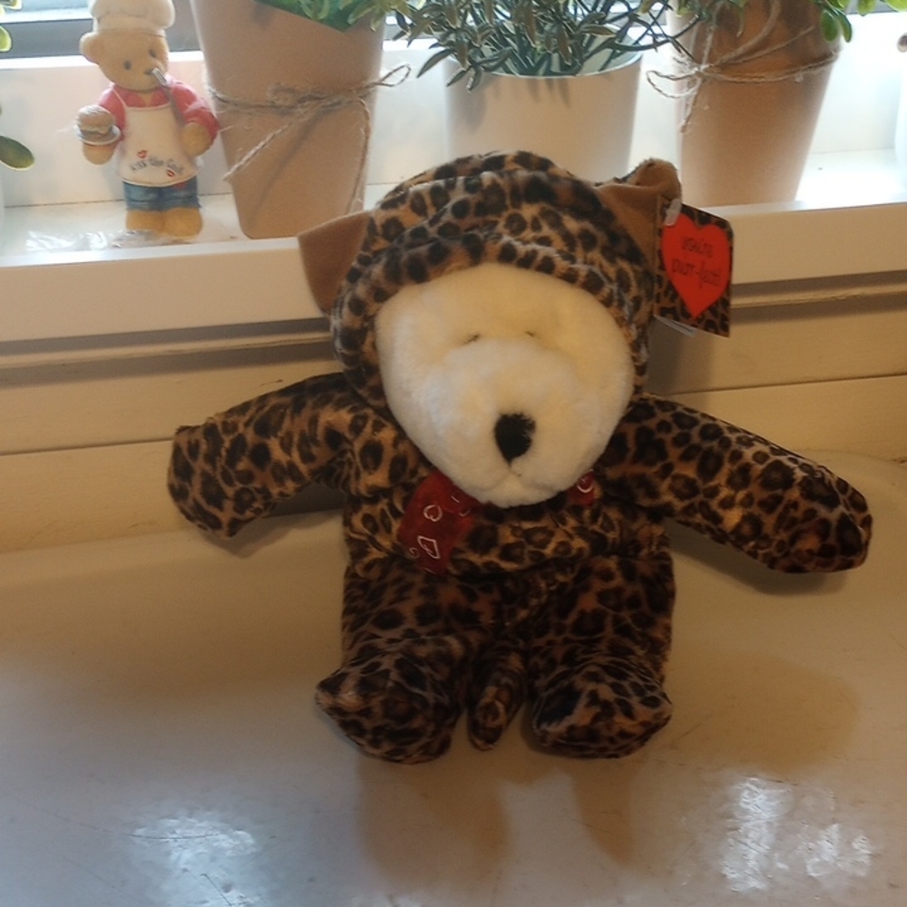 Vintage 1999 GAC White Teddy Bear in Leopard Costume, Valentine's Day, Tags